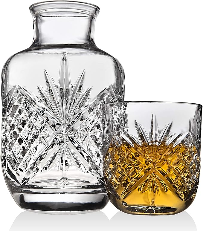 Crystal Bedside Night Carafe Pitcher and Water Glass Tumbler Set, Bedroom Nightstand Water Pitcher and Cup Set