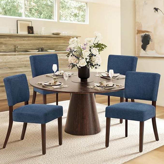 COLAMY Mid Century Modern Dining Chairs Set of 4, Upholstered Kitchen Chairs with Back, Farmhouse Fabric Side Dining Room Chairs with Wood Legs for Dining Room Kitchen Restaurant, Blue