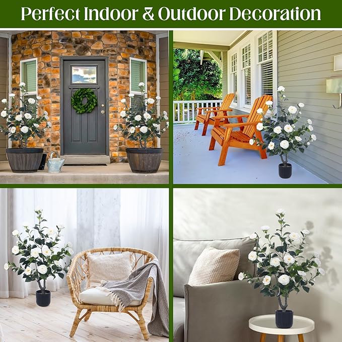 Jexine 2 Pack 36" Artificial Tree with Camellia, Fake Tree with 24 Blooming Flowers, Flower Plants Tree Faux Floral Plant Tree in Cement Pot for Indoor Outdoor Office Home Porch Decor (White, 36")