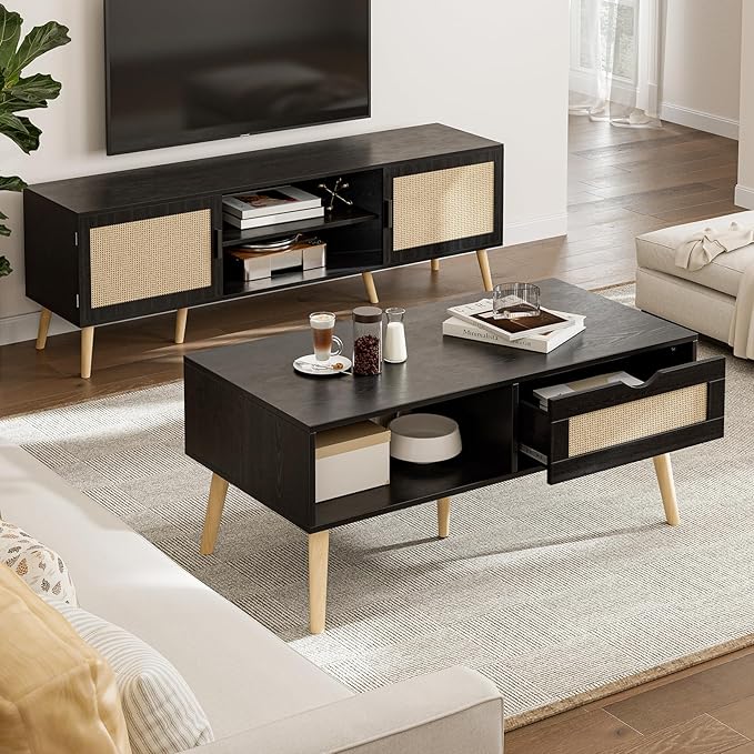 Wood Coffee Table with Storage, Boho Dining Table with Sliding Rattan Door Panel and Solid Wood Legs, Small Coffee Tables for Living Room, Oak (Black_LSJ007)