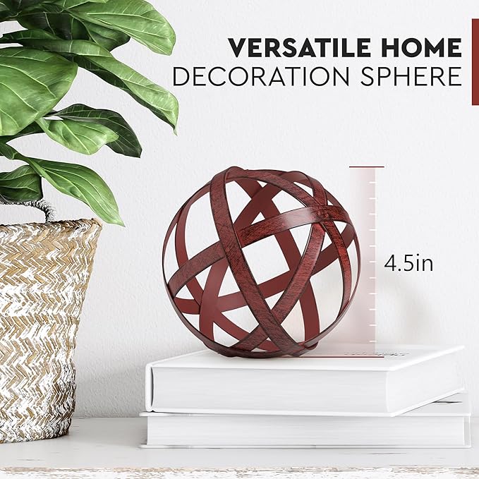 Everydecor Metal Decorative Sphere for Home Decor - Decorative Balls for Shelves, Centerpiece Bowls, Bookshelf - Decoration Orbs Accents for Living Room, Bedroom - Distressed Red Shelf Spheres