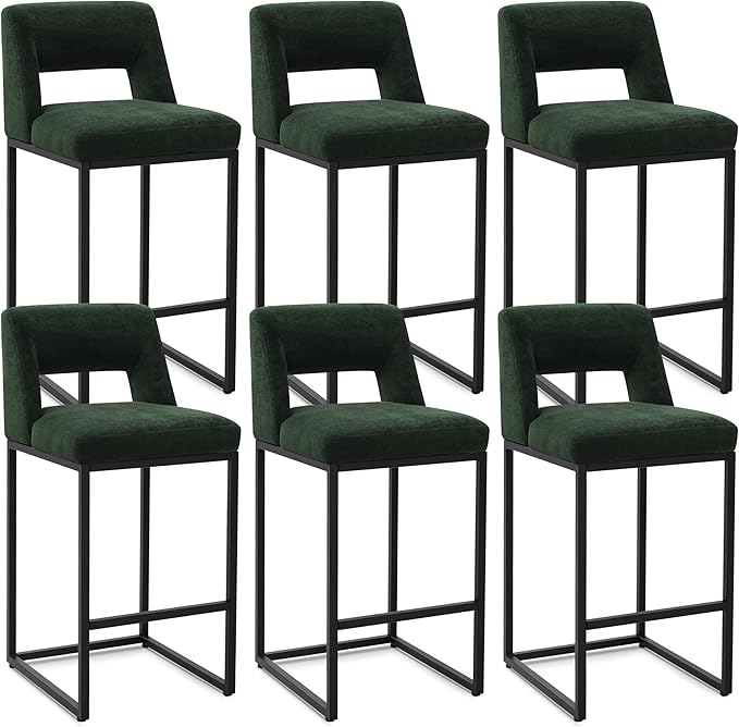 Counter Height Bar Stools Set of 6 for Kitchen Counter Modern Bar Chairs with Backs for Kitchen Island with Upholstered Fabric Seat and Metal Frame, Green, 26 Inch