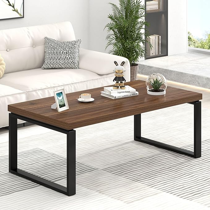 EXCEFUR Modern Coffee Table, Industrial Center Table for Living Room, Wood and Metal Rectangle Cocktail Tea Table for Home Office, Easy Assembly, Walnut, 47 Inch