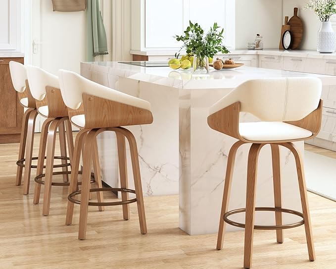 HNY 26 Inch Swivel Bar Stools with Back Set of 4, Beige Linen Upholstered Counter Height Barstools with Solid Bentwood Frame, Round Footrest, Modern Barrel Counter Stools for Kitchen Island, Home Bar