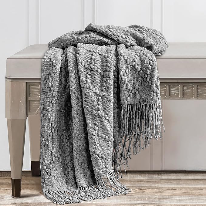 BOURINA Light Grey Throw Blanket 50 x70 Inches Jacquard Argyle Throw Textured Solid Soft Throws and Blankets for Sofa or Bed Knitted Decorative Blanket