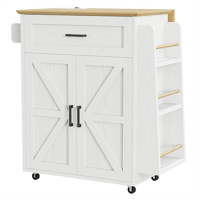 IRONCK Kitchen Island Table with Storage, Rolling Kitchen Cart with Power Outlet, Storage Cabinets on Wheels with Drop Leaf, Portable for Dining Room, White