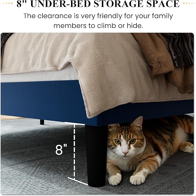 SHA CERLIN Full Size Velvet Bed Frame with Vertical Channel Tufted Wingback Headboard, Upholstered Platform Bed with Wood Slats, No Box Spring Needed, Easy Assembly, Blue