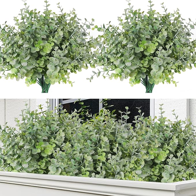 RECUTMS 8 Bundles Artificial Greenery Plants Stems Outdoor Fake Eucalyptus Plants Boxwood Bushes for Farmhouse Bathroom Office Vase Centerpiece Indoor Outdoor Decoration(Dusty Green)