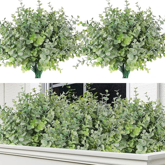 RECUTMS 8 Bundles Artificial Greenery Plants Stems Outdoor Fake Eucalyptus Plants Boxwood Bushes for Farmhouse Bathroom Office Vase Centerpiece Indoor Outdoor Decoration(Dusty Green)