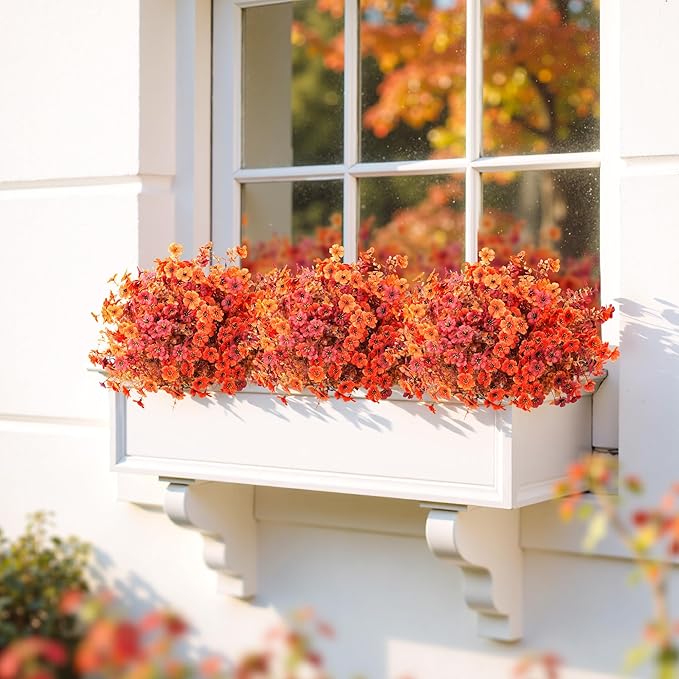 Artificial Mums Fall Fake Flowers for Outdoors, 12 Bundles Faux Mums for Outdoor Planters Decorations,UV Resistant Silk Flowers Plastic Plants for Front Porch Garden Patio Home Decor(B-Orange Brown)