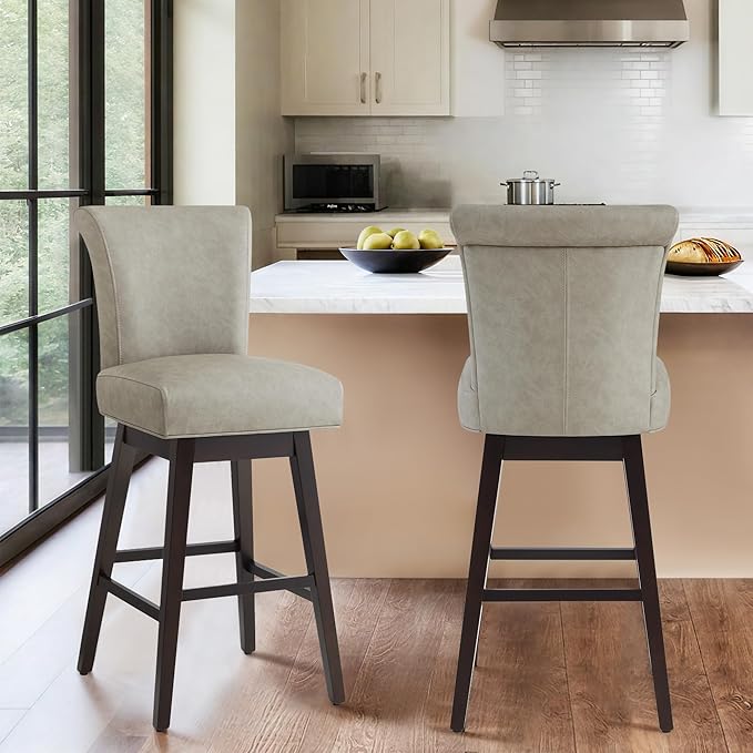 CHITA 30 Inch Counter Height Swivel Bar Stools Set of 2, FSC Certified Modern Upholstered Faux Leather Swivel Barstool Chairs with Back, Stone Grey