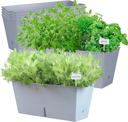 Window Box Planter 6 Pcs, 16.5 Inches Self Watering Rectangle Flower Plant Pots with Drainage Holes Trays, Vegetable Planters for Windowsill Patio Garden Balcony Porch Yard (Grey)