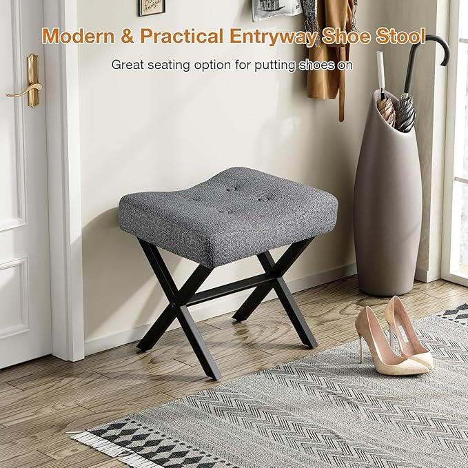 18-Inch Large Vanity Stool Chair, Vanity Bench with Metal X-Legs, Ottoman Accent Stool with Breathable and Soft Boucle Fabric Saddle Seat, Grey