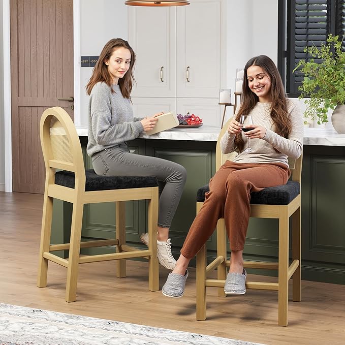 STHOUYN Upholstered Rattan Bar Stools Set of 2, Wooden Counter Height Stools with Natural Rattan Woven Back and Chenille Seat, Mid-Century Modern Island Chairs Barstools for Kitchen (2, Black)