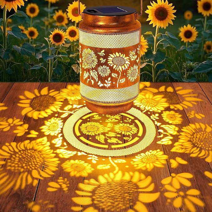 Sunflower Solar Lanterns Outdoor Waterproof with Shepherd Hook, Sunflower Birthday Gifts for Christmas Women Mom Grandma, Metal Solar Hanging Lights Garden Decor for Outside Yard Patio Pathway