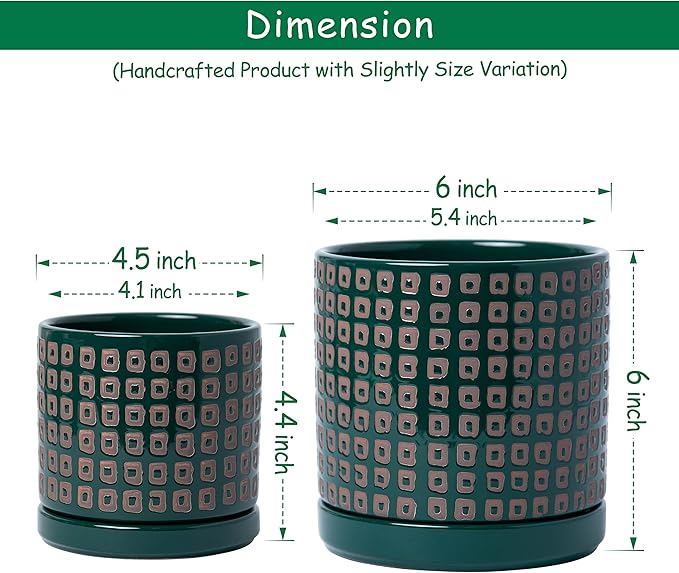 D'vine Dev Set of 2 Ceramic Planter Pots with Drainage Hole and Saucer, 4.5 Inch 6 Inch Plant Pots for Plants Indoor Houseplants, Green, 99-A-4
