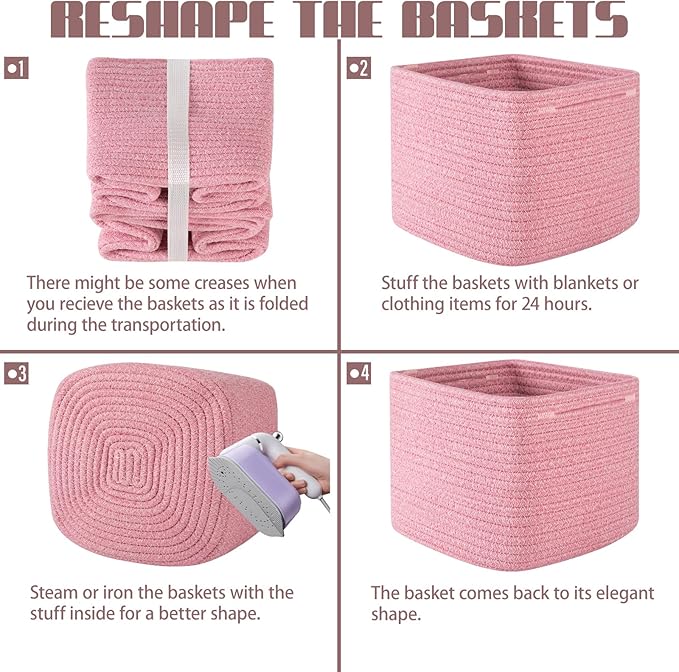 OIAHOMY 9”x9”x7” Storage Cubes, Cotton Rope Woven Baskets for Organizing, Cube Storage Bin, Small Gift Basket for Shelf, 3-Pack, Pink