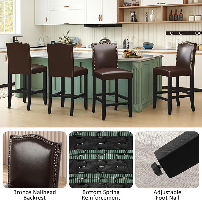LSSPAID Counter Height Bar Stools Set of 2, 24.8 Inch Pu Upholstered Barstools, Kitchen Island Chairs with Bronze Nail Backrest and Solid Wood Legs for Kitchen Pub Home Cafe, Brown