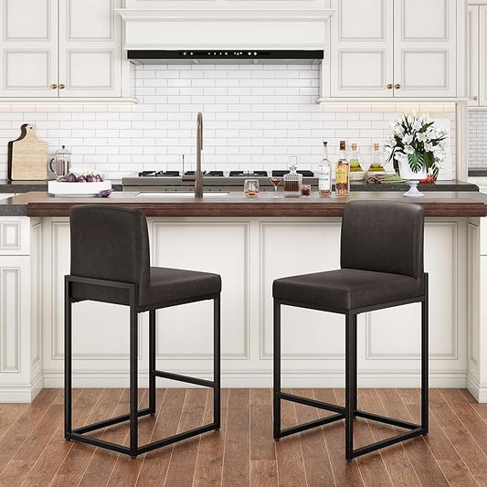 PHI VILLA Bar Stools Set of 2 - Counter Height 24'' Bar Stool Pu Leather Kitchen Modern Bar Chairs, Bar Stools with Back