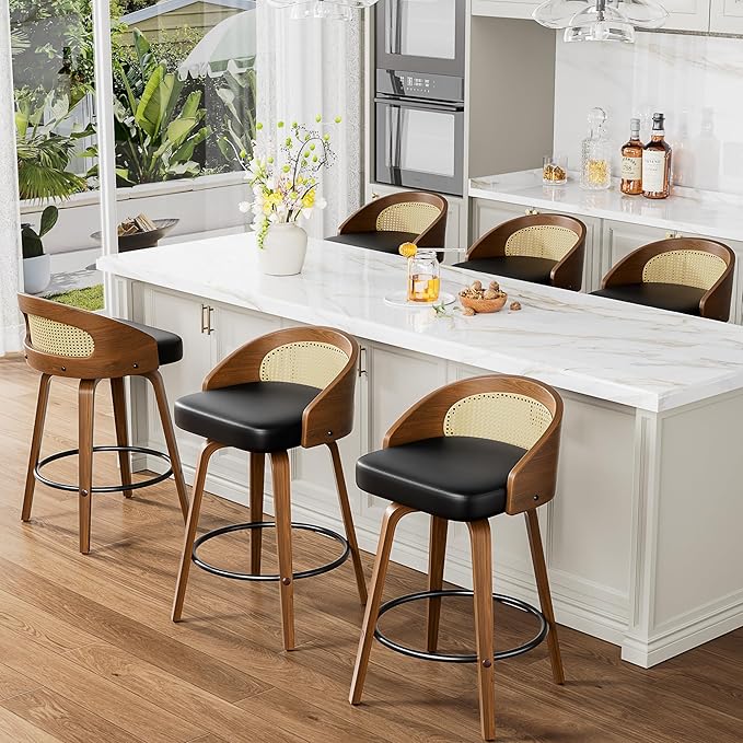 Swivel Bar Stools Set of 6, 26" Upholstered Faux Leather Barstools with Bentwood Legs, Mid Century Modern Counter Height Bar Stools with Rattan Back for Kitchen Island, Dining Room, Black
