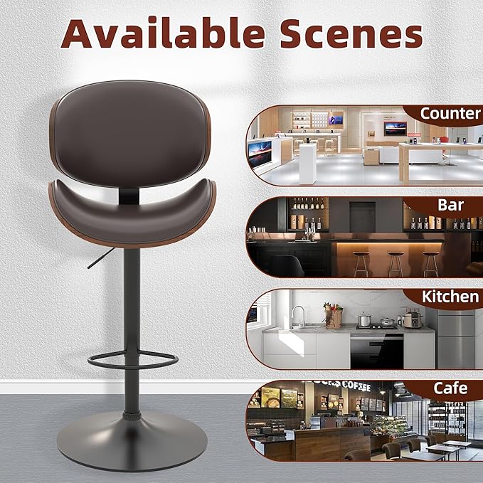 civama Bar Stools Set of 3 for Kitchen Counter, Adjustable Bar Height Chairs, Modern Swivel Barstools with Bentwood Seat and Back with Footrest for Kitchen Island, Dining Room, Brown PU Leather