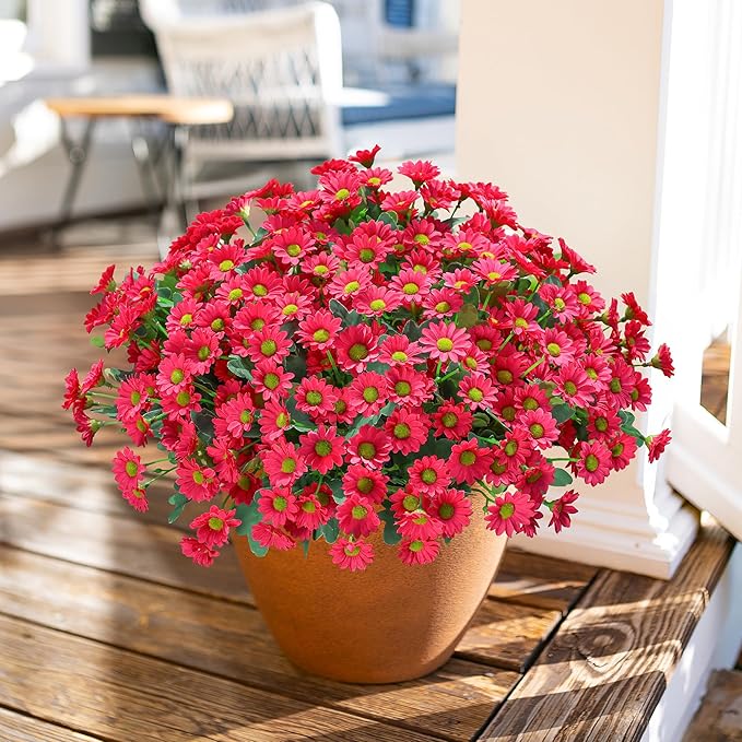 Daisy Artificial Flowers for Outdoors Summer Fall Decor, 6 Bundles Fake Mums Silk Flowers for Outside Look Real UV Resistant Fake Plants Faux Flowers for Planter Front Door Home Indoor Porch, Hot Pink