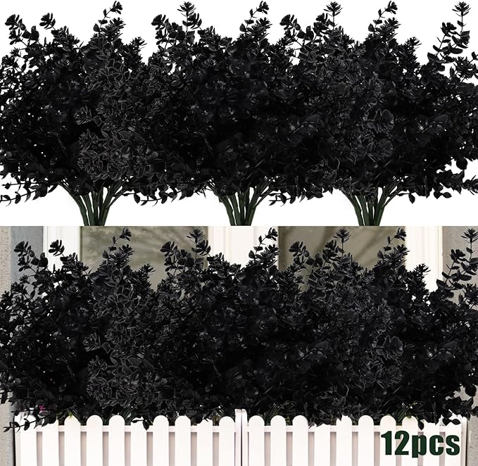 RECUTMS Black Artificial Flowers, 12 Pcs Fake Outdoor UV Resistant Plants Faux Plastic Greenery Shrubs Indoor Outside Hanging Planter Flower Decoration, Garden Decor (Black)