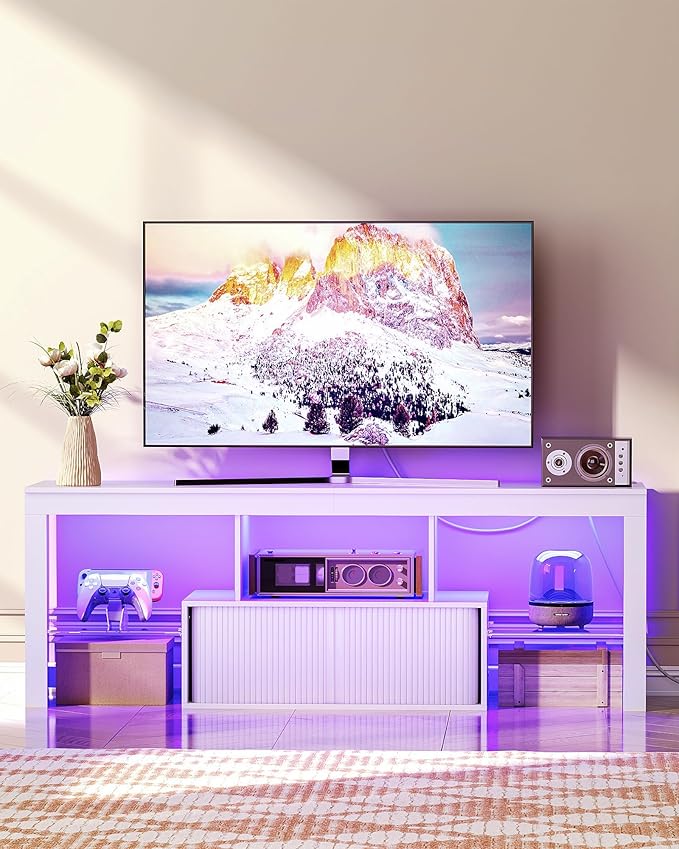 TV Stand with Power Outlet, Modern TV Cabinet for 55 60 inch TVs, Media TV Console with LED Light Strip, Media Entertainment Center with Storage, for Living Room, Bedroom, White MDS02UDWB