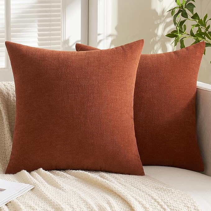 MIULEE Rust Couch Pillow Covers 22x22 Inch, Set of 2 Soft Chenille Fall Decorative Square Throw Pillow Covers Farmhouse for Sofa Living Room Bed