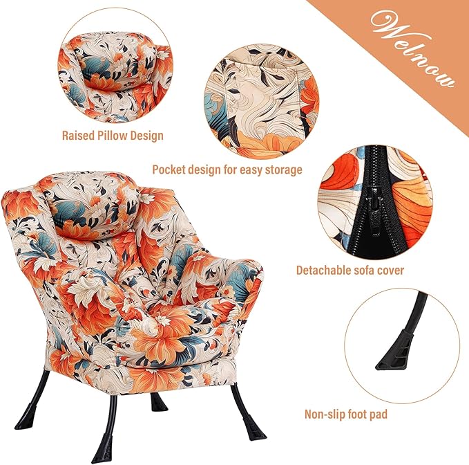 Welnow Lazy Chair with Ottoman, Modern Lounge Accent Chair with Armrests and a Side Pocket, Leisure Sofa Armchair Set, Reading Armchair with Footrest for Small Space, Orange Blue