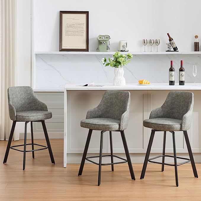 Bar Stools Set of 3, 26" Swivel Counter Height Bar stools with High Back, Faux Leather Kitchen Barstools Counter Height for Kitchen Island (Light Grey, 3PCS 26" Counter Stools)
