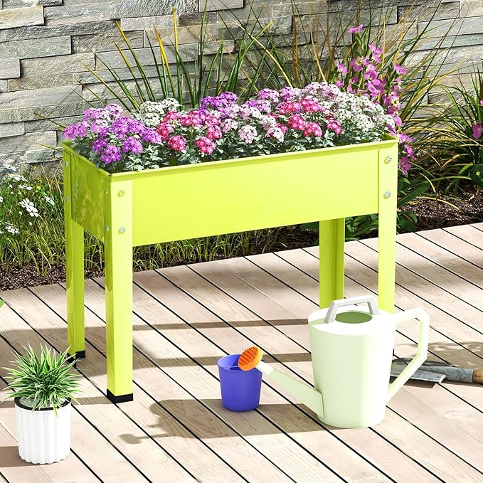 HAPPYGRILL Raised Garden Bed, 18” Elevated Planter Box w/Legs, Drainage Hole, Hemming Design, Metal Garden Box for Vegetable Herb, Outdoor Raised Beds for Gardening, Backyard Porch Balcony, Green