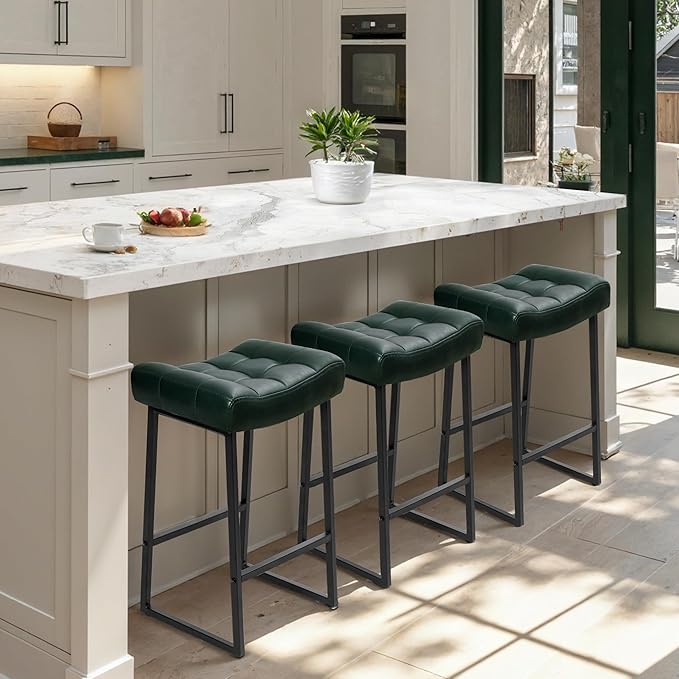 Modern Bar Stools Set of 3 for Kitchen Counter 24 inch Counter Height Backless Barstools with Upholstered Faux Leather Saddle Seat and Metal Frame Industrial Bar Chairs, Dark Green