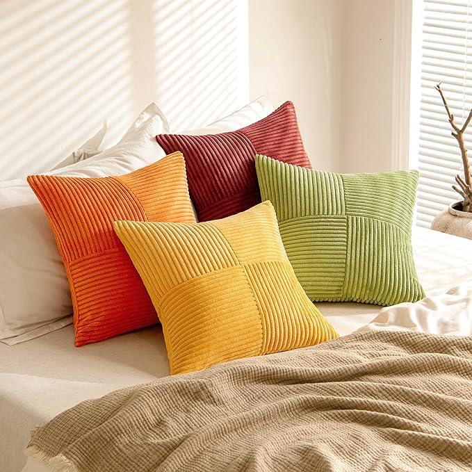 MIULEE Fall Burnt Orange Decorative Throw Pillow Covers 20x20 Inch Set of 4 Boho Color-Clash Cushion Covers Modern Farmhouse Pillow Cases Corduroy Striped Home Decor for Couch Sofa Bed