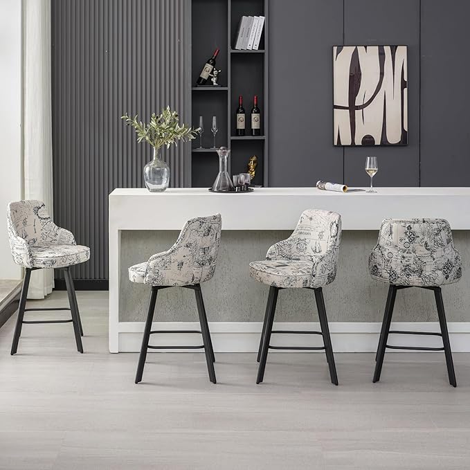 Bar Stools Set of 4, 26" Swivel Counter Height Bar Stools with High Back, Linen Kitchen Barstools Counter Height for Kitchen Island (Beige (Nautical Print), 4PCS 26" Counter Stools)