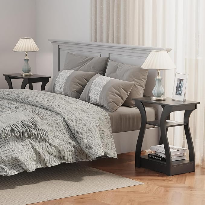 Black End Table Set of 2 with Charging Station, Side Table with USB Ports and Outlets, Black Nightstand, 3 Tier End Table with Storage Shelf for Living Room, Bedroom