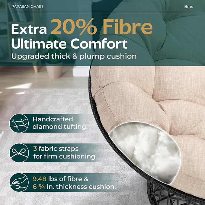 Bme 40" Ergonomic Wicker Papasan Chair with Soft Thick Density Fabric Cushion, High Capacity Steel Frame, 360 Degree Swivel for Living, Bedroom, Reading Room, Lounge, Sepia Sand - Black Base