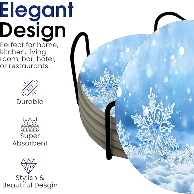 Winter Wintertime Snow Season Round Coasters Set of 6 - Abosrbent Ceramic Coasters with Metal Stand for Drinks, Coffee, Non-Slip Cork Back for Tabletop Protection, 4 Inches (Snowflakes)