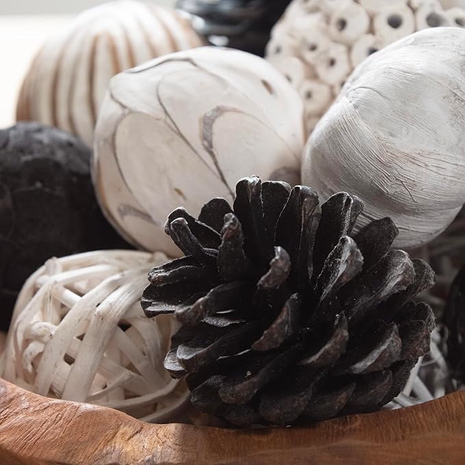 Natural Tones Vase & Bowl Mini Pumpkins Pinecone Fillers Decorative Balls | Home Decor (Black & White)
