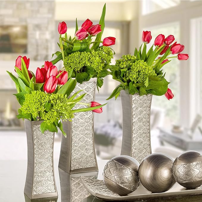 Creative Scents Dublin Silver Vases Set of 3 - Centerpieces for Dining Room Table, Decorative Vases Home Decor Accents for Living Room, Bedroom, Kitchen, Coffee Table Decor - Packaged in Gift Box