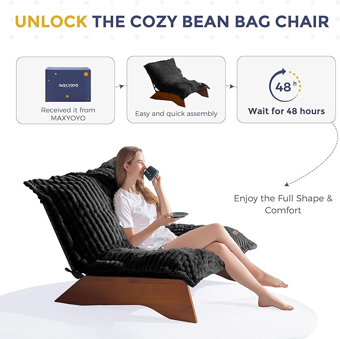 MAXYOYO Adjustable Living Room Chair, 3-Position Bean Bag Chair with Removable Cover, Upholstered Accent Chair with Frame, Soft Reclining Lounge for Bedroom, Apartment, Office, Black