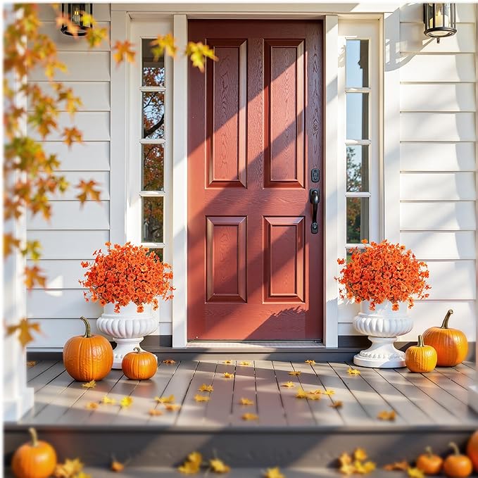 Artificial Mums Fall Fake Flowers for Outdoors, 12 Bundles Faux Mums for Outdoor Planters Decorations,UV Resistant Silk Flowers Plastic Plants for Front Porch Garden Patio Home Decor (B-Orange)