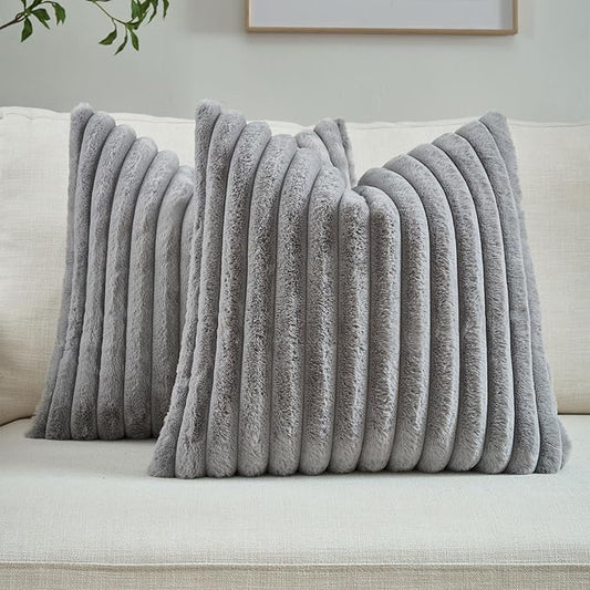FUTEI Grey Striped Decorative Throw Pillow Covers 24x24 Inch Set of 2,Square Fall Decorations Couch Euro Pillow Case,Soft Cozy Faux Rabbit Fur & Velvet Back,Modern Home Decor for Bed