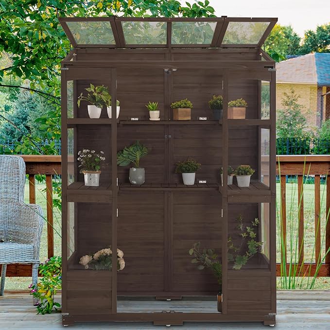MCombo Wooden Greenhouse, Walk-in Outdoor Greenhouse with Openable Roof and Lockable Door, 0899 (Brown)