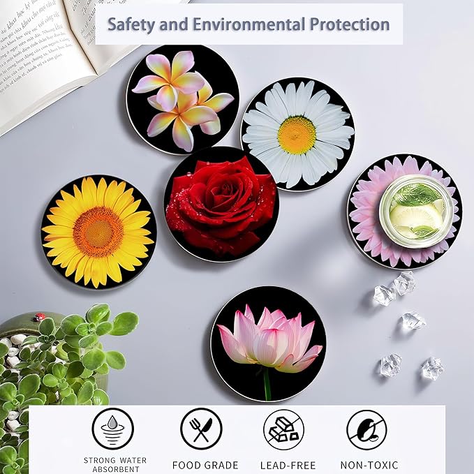 Drink Coasters Set of 6 with Holder, Sunflower Rose Flower Absorbent Ceramic Coasters with Cork Base,Fit All Cups,Great Gift for Housewarming,Room Decor,Bar,Holiday Party