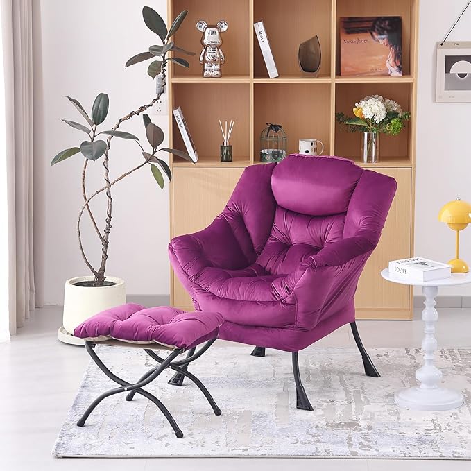 Welnow Lazy Chair with Ottoman, Modern Lounge Accent Chair with Armrests and a Side Pocket, Leisure Sofa Armchair Set, Reading Armchair with Footrest for Small Space, Dark Purple