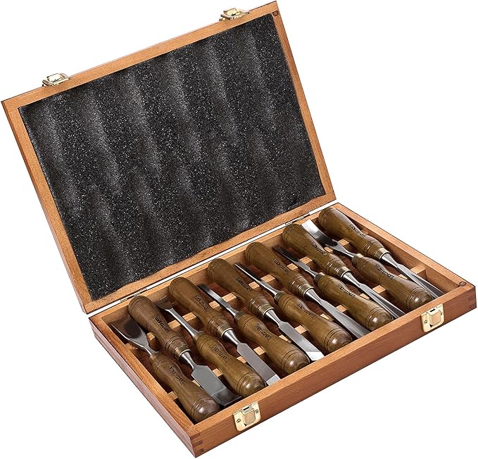 12-Pieces Woodworking Wood Carving Tools Chisel Set with Wooden Box, Razor Sharp CR-V 60 Steel Blades