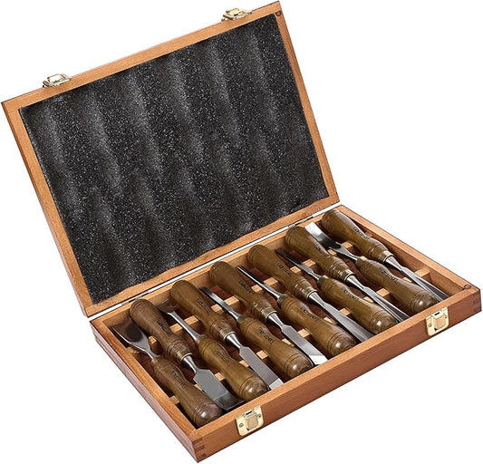 12-Pieces Woodworking Wood Carving Tools Chisel Set with Wooden Box, Razor Sharp CR-V 60 Steel Blades