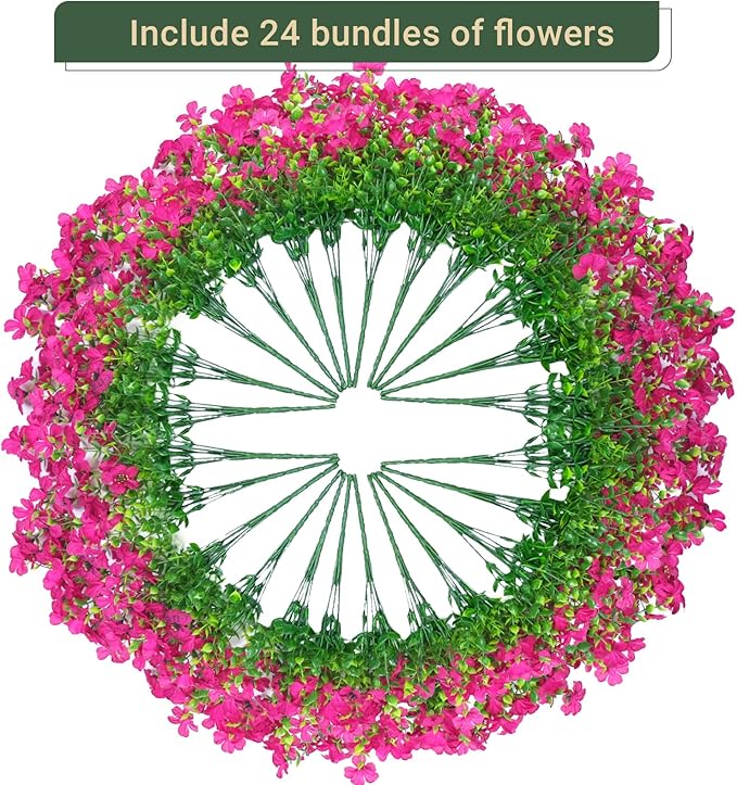24 Bundles Artificial Flowers for Outdoors & Indoors – UV Resistant Faux Plastic Plants for Garden, Patio, Porch, Window Box, Home Decor – Lush & Vibrant Fake Flowers, Rose red