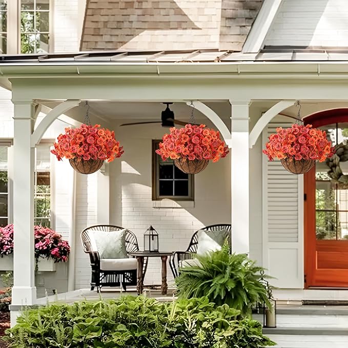 INQCMY Artificial Fall Flowers for Outdoor, 12 Bundles Faux Pansy Fake Mums Flowers Plants Outdoor Fall Decor, UV Resistant No Fade Silk Flower for Porch Planter Patio Yard Garden(Orange Autumn Red)